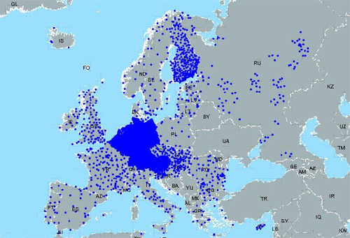 Carte d’implantation des réseaux de débit de dose gamma ambiant en Europe