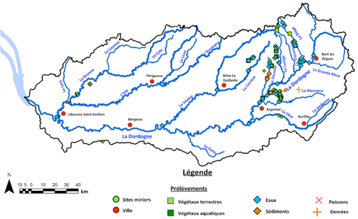 Localisation des points de prélèvements du constat minier du bassin versant de la Dordogne