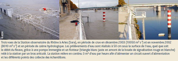 Trois vues de la Station observatoire du Rhône à Arles (Sora), en période de crue en décembre 2003 (10050 m3 s-1) et en novembre 2002 (8010 m3 s-1) et en période de calme hydrologique. Les prélèvements d’eau sont réalisés à 50 cm sous la surface de l’eau, quel que soit le débit du fleuve, grâce à une pompe immergée et un flotteur (triangle blanc juste en amont de la bouée de signalisation rouge et blanche) relié à la station par un bras articulé. La station relève en continu 3 m3 d’eau par heure afin d’alimenter un circuit ouvert d’alimentation et les différents points des collecte des échantillons.