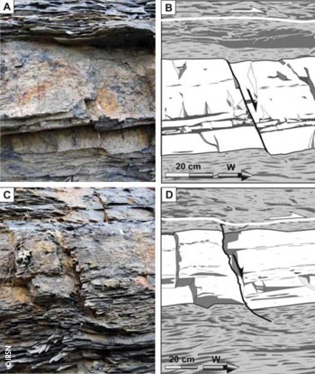 Exemples de failles analysées dans le bassin du Sud-Est : la première (photo A et son interprétation B) est confinée dans les calcaires, la seconde (C et D) s'est propagée dans les couches argileuses, amortie en bas dans les argiles, restreinte en haut par une faille horizontale.
