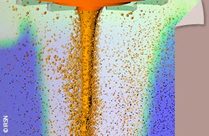 Visualisation d'une simulation 3D par le logiciel MC3D de la dispersion du corium (en rouge) dans l'eau (dégradé bleu/blanc) contenu dans le puits de cuve en cas de percement central du fond de la cuve. Les points oranges et noirs représentent les gouttes