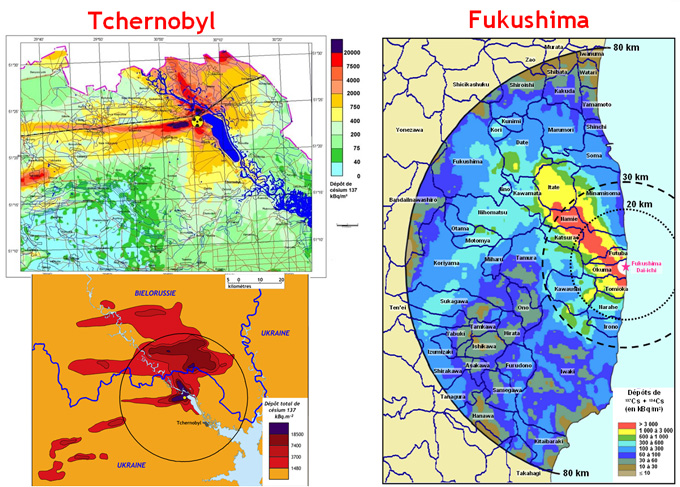 Cartes des dépôts rémanents de césium 137 à l’échelle locale. A gauche Tchernobyl, à droite Fukushima.