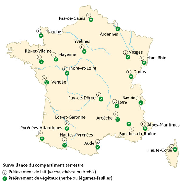 Localisation des prélèvements de lait et de végétaux réalisés spécifiquement dans le cadre du suivi en France