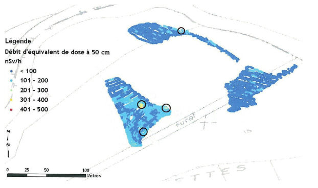 Cartographie radiologique de surface des berges de l’étang de la Gravière après les premiers travaux de réhabilitation.