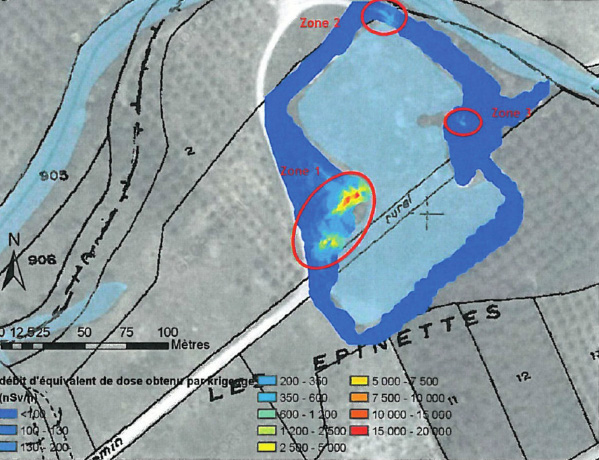 Cartographie initiale des berges de l’étang de la Gravière, identification des trois zones d’intérêt sur lesquelles les travaux d’assainissement ont été opérés.