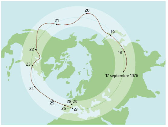 Vue du dessus du pôle Nord : la trajectoire troposphérique du panache radioactif.L. Stefano – IRSN