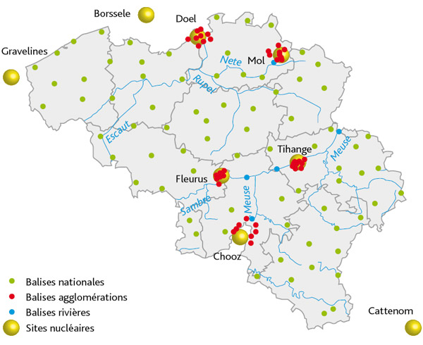 Implantation des stations de mesures du réseau Télérad de l’AFCN belge.