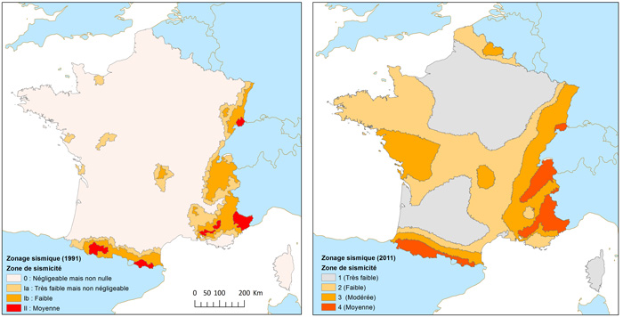 Zonage sismique de la France  établi en 1991 et 2011