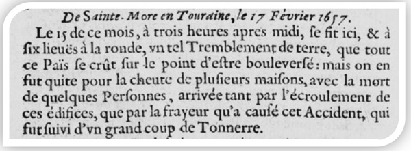 exemple de document historique contenu dans la base de données Sisfrance concernant le séisme du 15 Février 1657 survenu en Touraine