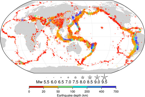 Carte de la sismicité mondiale issue du catalogue v5.0 de l’ISC-GEM, pour la période 1904-2014 et pour les séismes de magnitude supérieure à 5,5