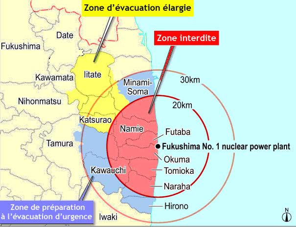 Carte des zones de protection des populations de la préfecture de Fukushima au 22 avril 2011