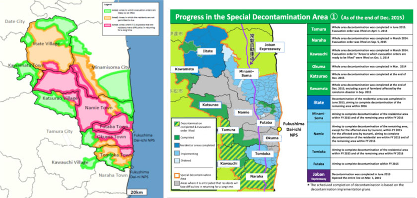 Avancée des travaux de décontamination à la fin 2015 pour les communes de la zone de décontamination spéciale (zone évacuée)