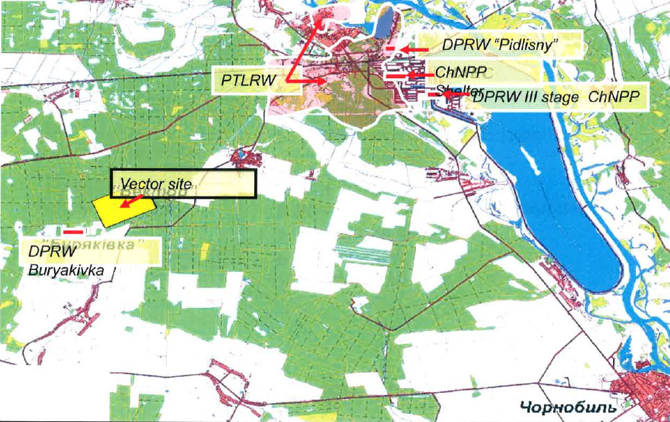 Zones principales de localisation des déchets à 10 km autour de la centrale de Tchernobyl