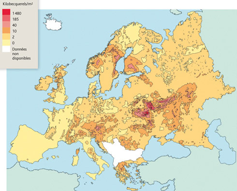 Carte des dépôts de césium 137 après l'accident de Tchernobyl à l'échelle de l'Europe