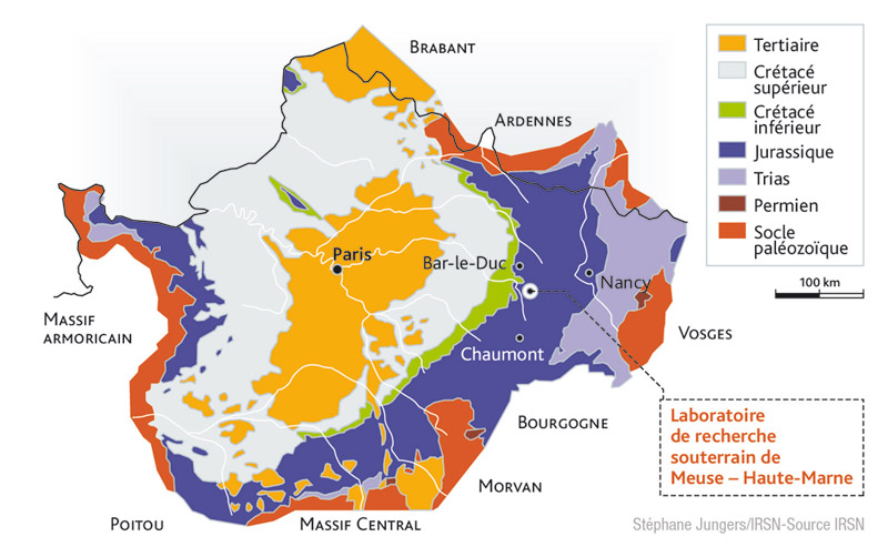 Carte géologique simplifiée du bassin de Paris et localisation du site du projet Cigéo