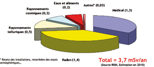 Pourcentages de l'exposition naturelle et artificielle moyenne annuelle par personne en France.
