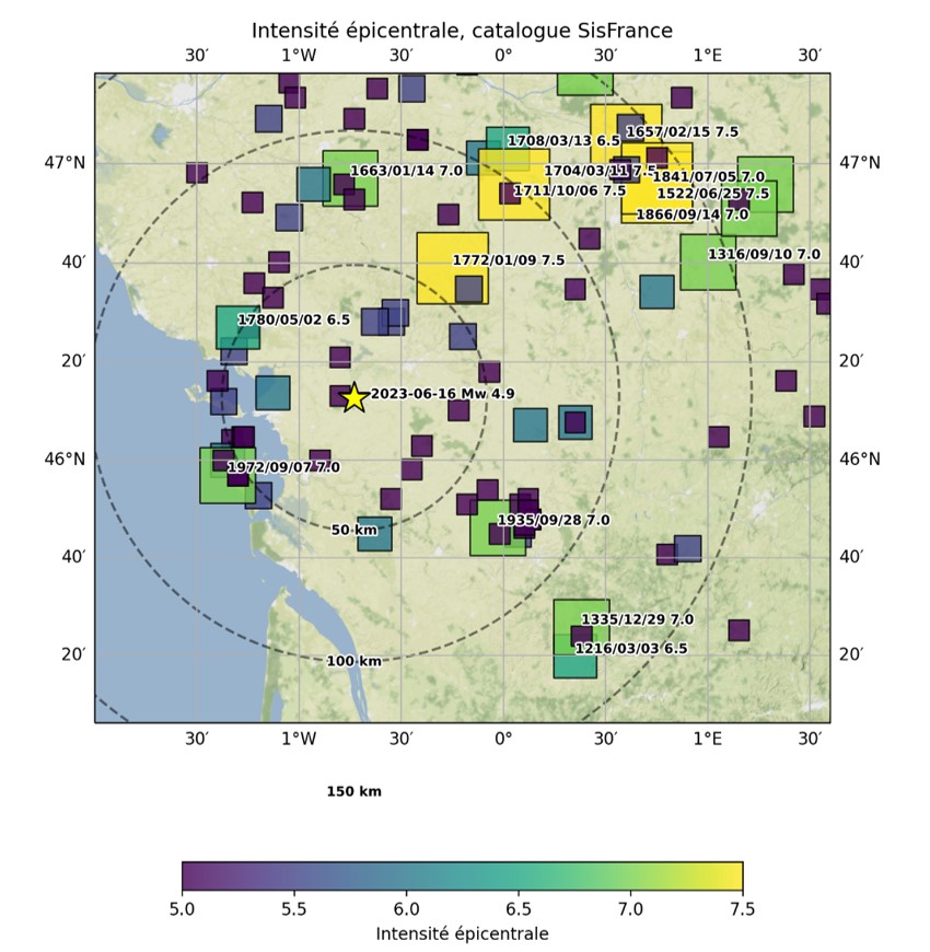 Figure 3. Distribution des intensités macrosismiques épicentrales supérieures à V des séismes de la région (source SisFrance)