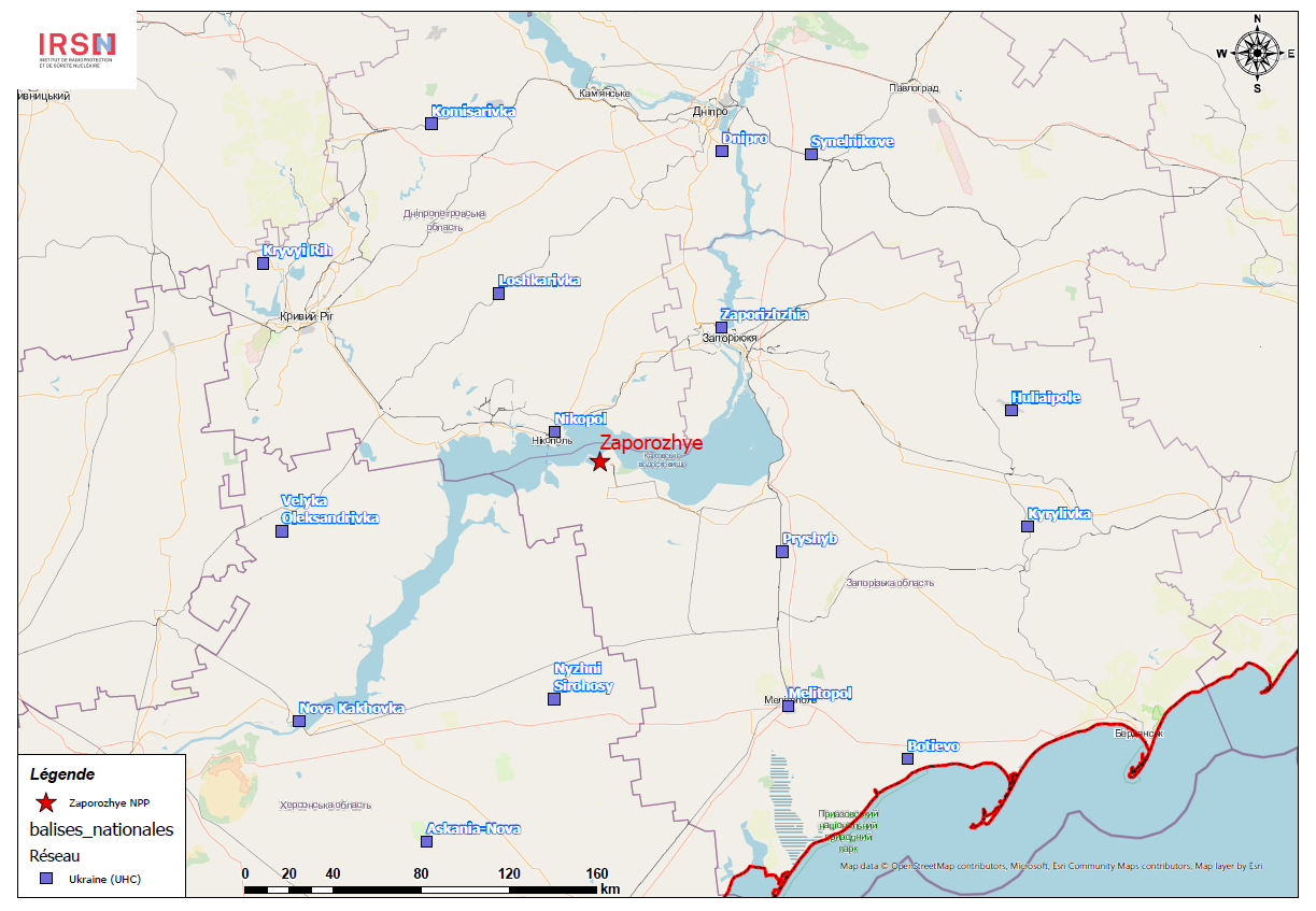 Carte de localisation des balises de surveillance de la radioactivité ambiante du réseau national ukrainien autour du site de Zaporizhzhya