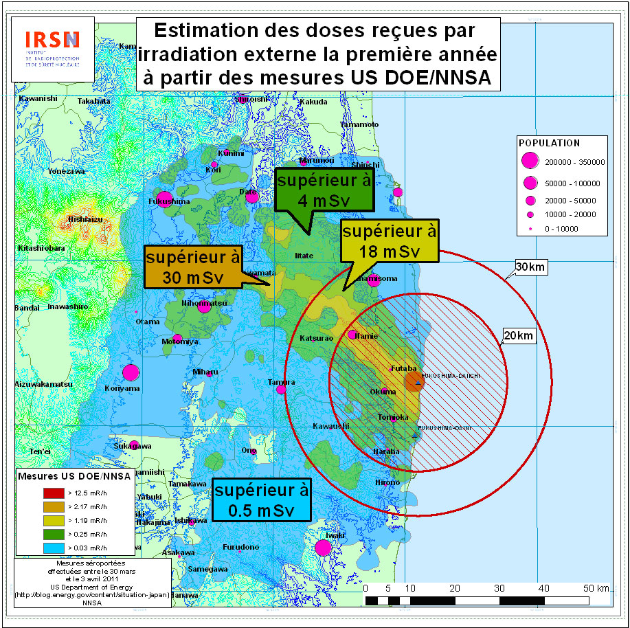 Carte des débits de dose émis par les dépôts radioactifs dans l’environnement de la centrale de Fukushima-Daiichi et estimation des doses susceptibles d’être reçues par irradiation au bout de la 1ère année (version du 12 avril 2011)