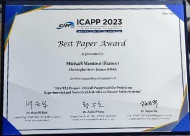 Diplôme du prix Best paper Award décerné durant l'ICAPP 2023