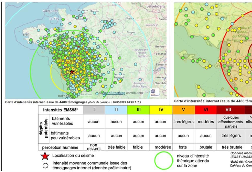 Séisme de l'ouest de la France du 16 juin 2023 - Carte d’intensités macrosismiques issue de 4488 témoignages