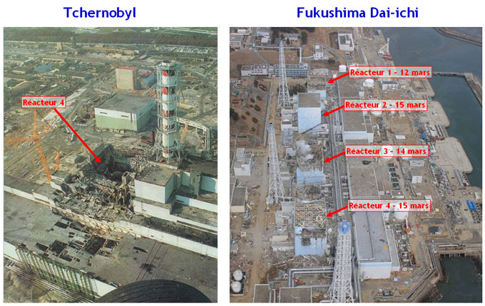 A gauche, le réacteur de Tchernobyl, à droite, les 4 réacteurs endommagés de Fukushima Daiichi. © IRSN